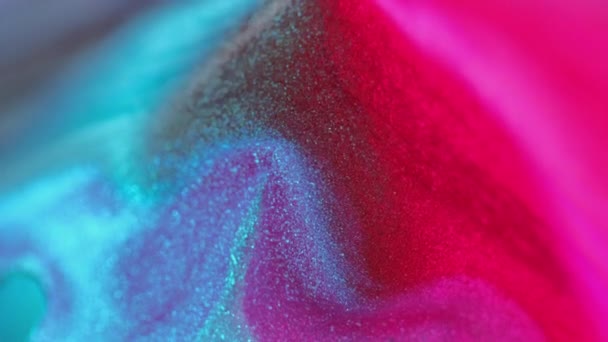 Glitter Verf Morsen Vloeibare Druppels Defocused Neon Roze Blauw Zwarte — Stockvideo