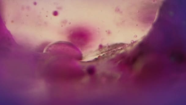 凝胶液体飞溅 墨水泡 血清乳液质感 水上运动艺术抽象背景中脱色的霓虹灯紫色粉红透明湿油滴 — 图库视频影像