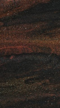 Parlak sıvı dokusu. Boya suyu sıçraması. Bulanık metalik bronz, turuncu, turuncu, siyah, parlak, parlak parçacıklar, mürekkep sızıntısı, soyut sanat arka planı..