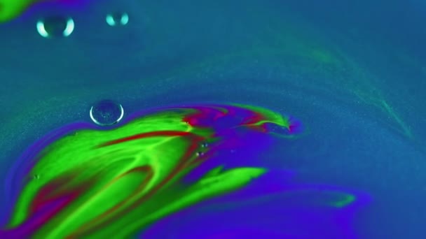 Fluído Purpurina Bolhas Tinta Desfocado Néon Verde Azul Roxo Cor — Vídeo de Stock