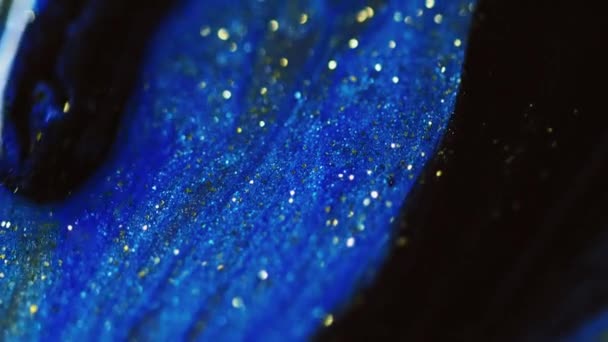 Derrame Tinta Glitter Fluido Onda Desenfocado Azul Negro Dorado Color — Vídeos de Stock