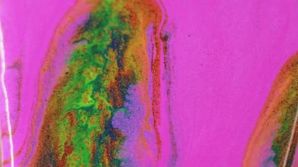 Verf Morsen Glitter Inkt Textuur Defocused Roze Groene Oranje Kleur — Stockvideo
