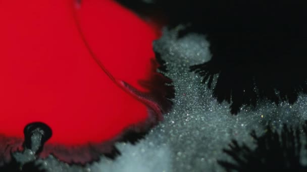 Χύθηκε Μελάνι Πίδακα Μπογιάς Θολούρα Κόκκινο Ασημί Μαύρο Χρώμα Shimmering — Αρχείο Βίντεο