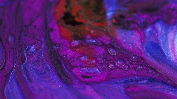 Glitter Verfbellen Inktwatermix Defocused Paars Blauw Rode Kleur Glanzende Olie — Stockvideo
