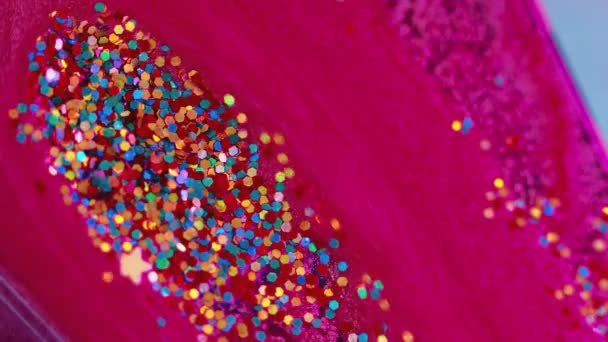 Abstracte Achtergrond Pigmentstroom Sequins Vloeistof Trendy Roze Glitter Natte Verf — Stockvideo
