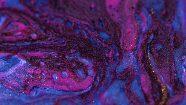 Glitter Verfbellen Olievloeistofstroom Gedeocaliseerde Paarse Blauwe Kleur Sprankelende Textuur Vloeibare — Stockvideo