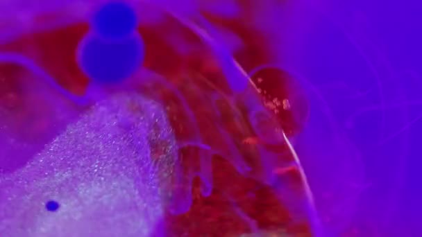 グリッター流体バブル ネオン 水を塗る 分割された明るい青い赤い紫色の勾配粒子の質のゲル インクの渦芸術の抽象的な背景 — ストック動画