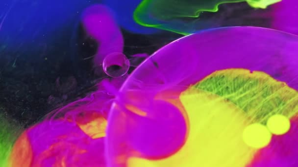 カラーミスト インク水バブル 鮮やかなネオンパープルイエローブルー蒸気粒子テクスチャオイルペイントドロップフローティングダークブラック抽象アート背景 — ストック動画