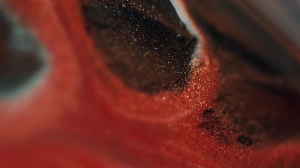 Flujo Pintura Chispeante Salpicadura Agua Tinta Desenfoque Rojo Dorado Negro — Vídeos de Stock