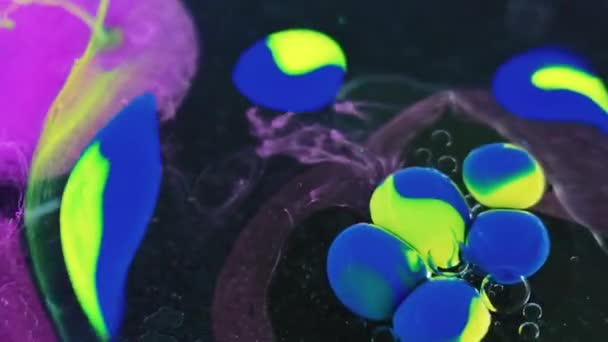 Пузырьки Масляной Чернильная Капля Ярко Желтый Синий Фиолетовый Цвет Влажный — стоковое видео