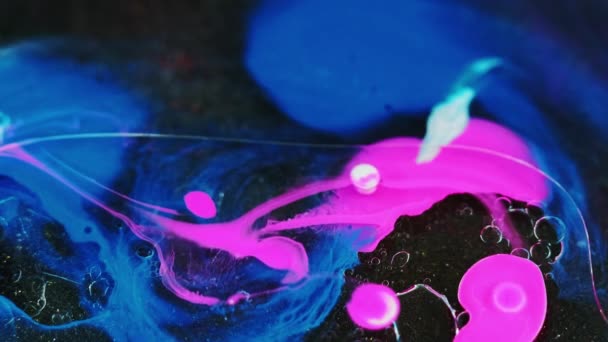 カラーバブル液 水を混ぜる ダークブラック抽象アートの背景に明るいピンクブルーのミストテクスチャアクリルオイルインクブレンドゲルブロブ浮動モーション — ストック動画