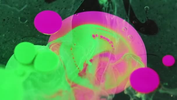 墨水水滴 油漆飞溅 动态霓虹灯绿色紫色粉红色油质感液体在深色艺术抽象背景下的混合运动 — 图库视频影像