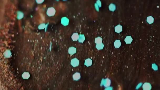 Glitter Wave Derrame Pintura Desenfocado Azul Bronce Marrón Dorado Color — Vídeos de Stock