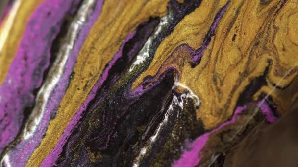 Paint Spill Glitter Fluid Mix Defocused Golden Purple Black Color — Stock Video