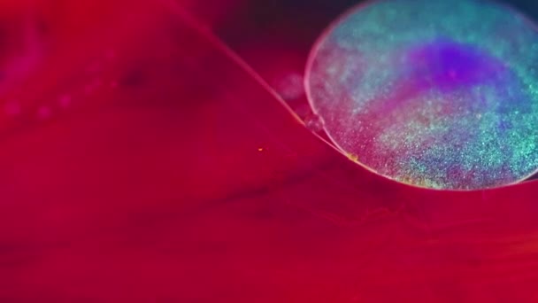 Bolha Purpurina Gota Fluido Gel Pinta Água Desfocado Vermelho Vivo — Vídeo de Stock