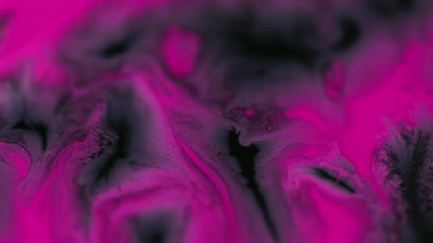 液体顔料について 流動的なアート ネオンサンド 分割された明るいピンクの黒い色の粒子の質インクのスプラッシュの渦の抽象的な背景 — ストック動画