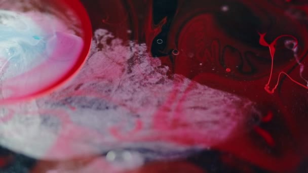 油漆水飞溅 深黑抽象艺术背景下模糊的红色蓝白烟尘粒子质感油泡浮动墨水流动 — 图库视频影像
