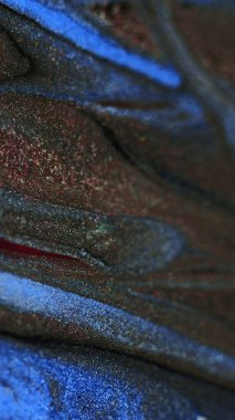 Parıldayan sıvı. Mermer dokusu. Mürekkep akışı. Odaklanmamış mavi bronz renk parlak parlak parçacıklar Bokeh light boya döküntüsü soyut sanat arka planı.