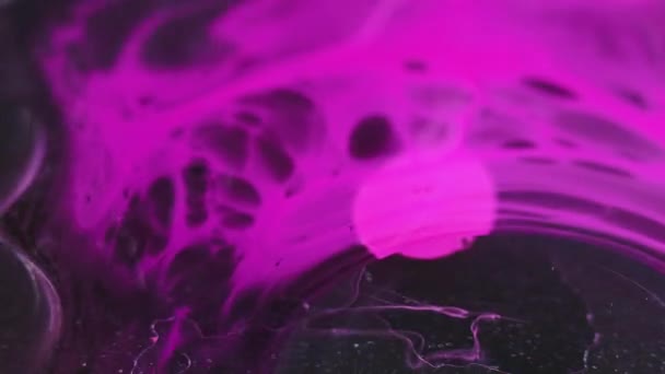 ネオン ペイントウォータースプラッシュ 濃い黒の抽象的な芸術の背景に浮かぶ動きを分割されたピンク色の煙の質インクのドロップ波オイルの泡 — ストック動画
