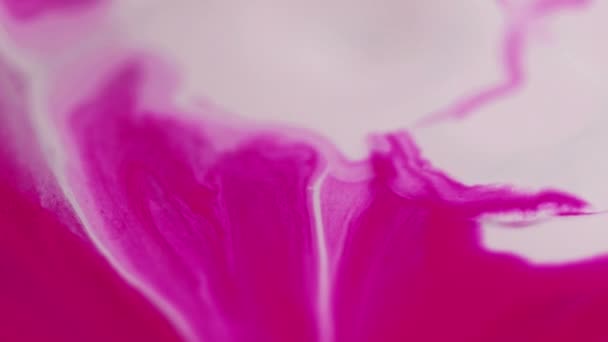 こぼれを塗る インクドロップ 液体ミックス 分解された鮮やかな紫色のピンクの白い色の顔料のアクリル液体のドリップの動きの芸術の抽象的な背景 — ストック動画