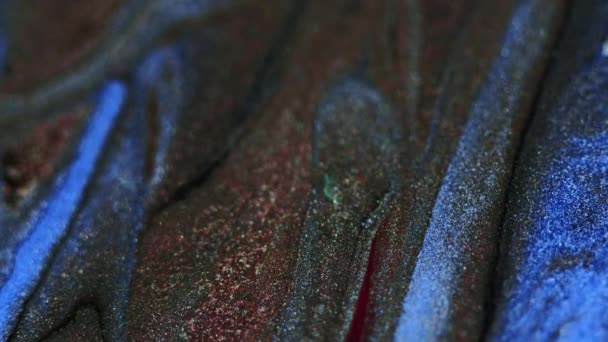 Fluido Purpurina Textura Mármol Flujo Tinta Desenfocado Azul Bronce Color — Vídeo de stock