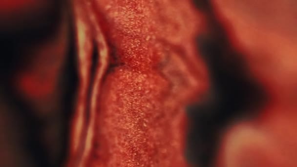 グリッター流体波 インクの背景 コピースペースが付いている分割された赤い黒い色のぬれた輝く金属のペンキの流れの動き抽象的な芸術の質 — ストック動画