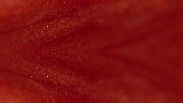 グリッターペイントフロー スパークリング液 分割された赤いオレンジ色の黄金色の光沢のある金属粒子の質のインクのこぼれは対称ピラミッドの芸術の抽象的な背景を映しました — ストック動画