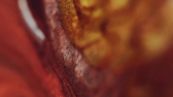 グリッターフライド インクウォーターミックス 大理石の質のアクリルのペンキのこぼれの流れの抽象的な芸術の背景を薄暗くする赤い金の白い色 — ストック動画
