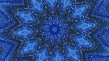 Kar tanesi mandala. Parlayan kaleydoskop. Odaklanmamış mavi renk parıldayan parlak bokeh hafif desen titrek hareket simetrik yıldız şekli tasarımı soyut sanat arkaplanı.