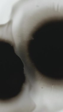 Dikey video. Mürekkep damlası. Su sıçramasını boya. Leke sıçraması. Odaklanamayan siyah sıvı sızıntısı beyaz soyut arkaplanda akış hareketini yayıyor.