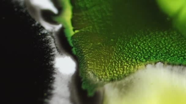こぼれを塗る インクドロップ 白い粒子のテクスチャ抽象的な芸術の背景のブルーネオン緑の黒い色の液体の汚れの散乱波 — ストック動画