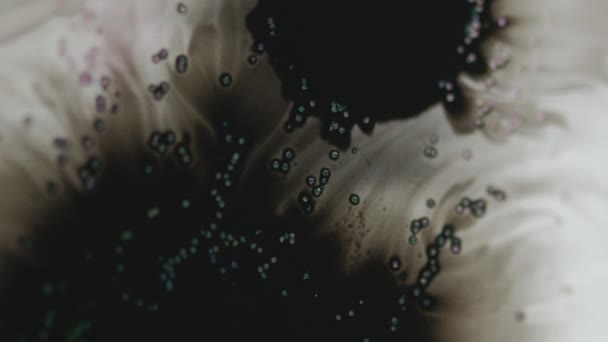 墨水污迹 油漆水滴 疏松的黑色液体飞溅在白色抽象背景上传播蓝色闪光粒子流运动 — 图库视频影像