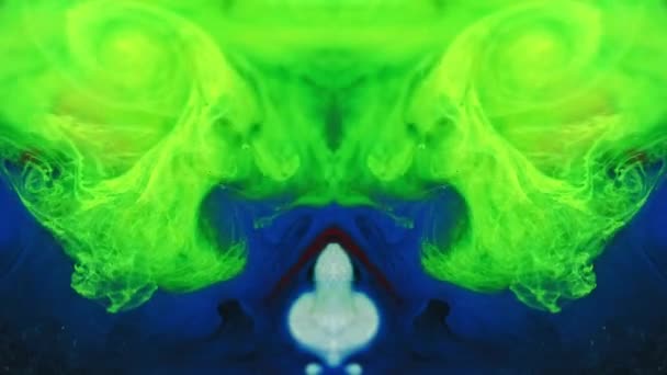 Farbe Spritzt Wasser Tintenkaleidoskop Esoterische Energie Defokussiert Neon Grün Blau — Stockvideo