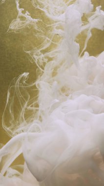 Mürekkep suyu girdabı. Yaratıcı duman. Fış sanatı. Beyaz buhar bulutu ipek sıvı boya dokusu bulanık sarı altın parçacıkları renk soyut arkaplan.