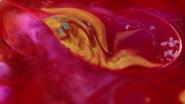 Mancha Aceite Fluido Purpurina Mezcla Agua Tinta Desenfocado Rojo Brillante — Vídeo de stock
