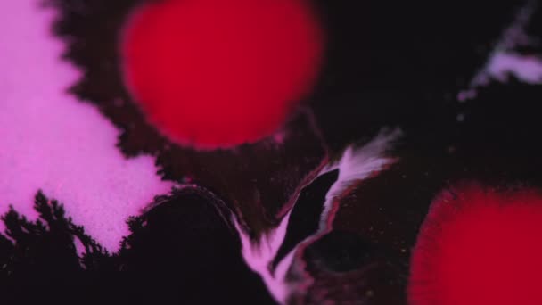 Inkt Lekken Verfspatten Waas Rood Roze Zwart Kleur Glanzende Deeltjes — Stockvideo