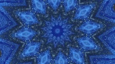 Kar tanesi mandala. Parlayan kaleydoskop. Odaklanmamış mavi renk parıldayan parlak bokeh hafif desen titrek hareket simetrik yıldız şekli tasarımı soyut sanat arkaplanı.
