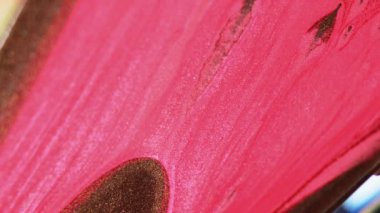 Işıldayan boya arka planı. Sıvı karışımı. Islak mürekkep dokusu. Soyut akrilik pigment sanatında yüzeyde parlayan pembe, kahverengi, karışık damlalar..