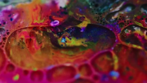 Paint Bubbles Oil Fluid Ink Water Mix Defocused Bright Pink — Stock Video
