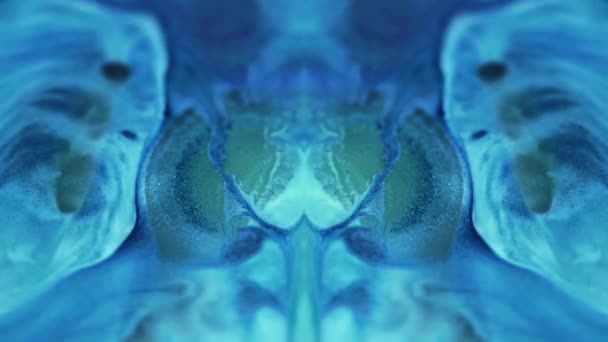 Farbkleckse Futuristisches Kaleidoskop Defokussierte Blaue Farbe Glühende Flüssigkeitsfluss Bewegung Symmetrische — Stockvideo