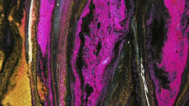 Блёстки Краски Разливаются Поток Чернил Расслабленный Пурпурный Розово Золотистый Черный — стоковое видео