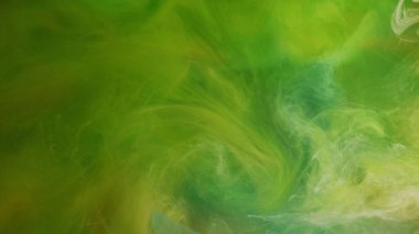 Duman karışımı. Boya suyu akışı. Asit mürekkebi. Parlak neon yeşil beyaz renk sıvı girdap akrilik buhar bulutu hareketi soyut sanat arka planı.
