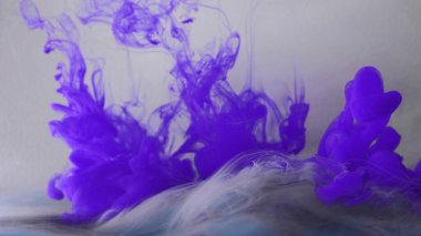 Boya suyu sıçraması. Sıvı dumanı. Parlak mor çivit mavisi beyaz renkli neon mürekkep karışımı buhar dokusu dalga hareketi soyut sanat arkaplanı.