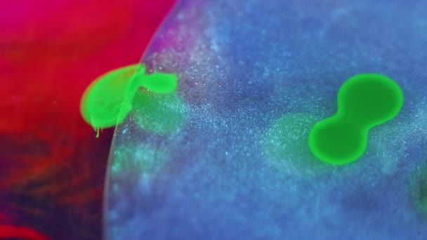 Блестящие Пузыри Краска Капли Воды Ослабленный Ярко Красный Синий Зеленый — стоковое видео