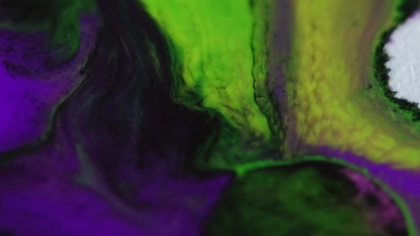 墨水飞溅 油漆混合 霓虹雾 白色抽象艺术背景下的模糊绿色紫色黑色液体混合飞溅波运动 — 图库视频影像