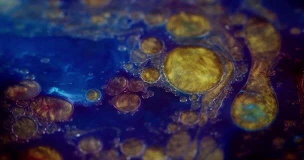 スパークリングオイルバブル ペイントフロー グリッター液体 ウェットグロス 青いインディゴパープルゴールデンイエローカラーの輝く粒子ブロックインク水流動き抽象アート背景 — ストック動画