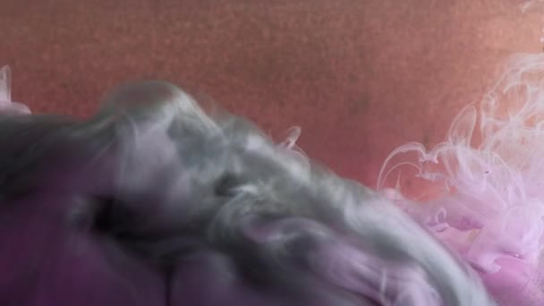 液体烟 墨水水的混合物 流体艺术 粉红紫色灰蒙蒙的云雾 模糊珊瑚颗粒抽象背景下的纹理彩绘流运动 — 图库视频影像