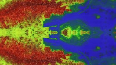 Boya damlası. Mürekkep suyu karışımı. Bulanık kırmızı mavi renk parıltılı akrilik sıvı karışımı sızıntı simetrik kaleydoskop tasarımı soyut sanat arka planı.