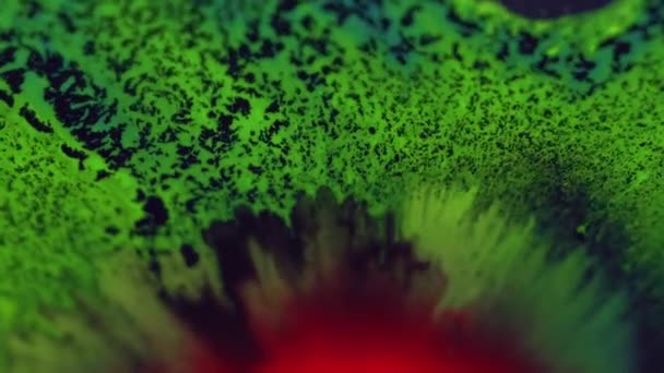 Πιτσιλιές Σταγόνα Μελανιού Έκρηξη Θολούρα Νέον Πράσινο Κόκκινο Μαύρο Χρώμα — Αρχείο Βίντεο