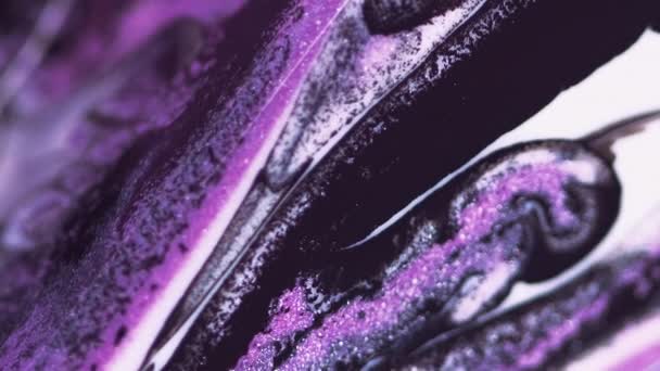 バーティカルビデオ 抽象的な背景 キラキラするインクの質感 光沢のある液体ミックス クリエイティブアートのカラフルなパープルオレンジブラックホワイトグリッターペイントフローモーション — ストック動画